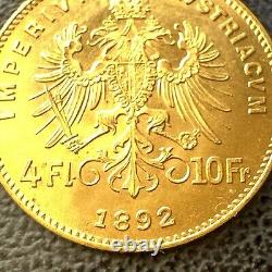 GEM BU 1892 Fine. 900 Gold Coin Austria BU+ UNC 4 Florins 10 Francs AGW. 0933