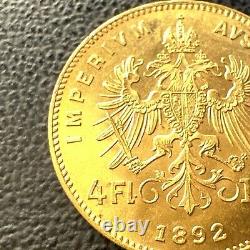 GEM BU 1892 Fine. 900 Gold Coin Austria BU+ UNC 4 Florins 10 Francs AGW. 0933