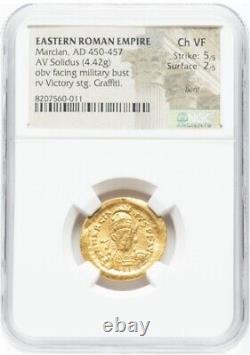 GOLD Marcian 450-457 AD, Eastern Roman Byzantine Empire AV Solidus Coin NGC ChVF