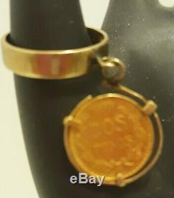 Genuine 1945 Dos Peso Coin Dangle Wide Band Pinky Ring 14k Gold