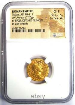Gold Trajan AV Aureus Gold Roman Coin 98-117 AD NGC Choice Fine 5/5 Strike