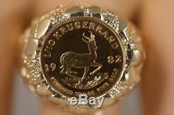 Heavy 14k Yellow Gold Nugget Fine Gold 1982 Krugerrand 1/10 Oz Gold Coin Ring