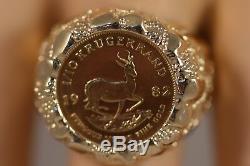 Heavy 14k Yellow Gold Nugget Fine Gold 1982 Krugerrand 1/10 Oz Gold Coin Ring