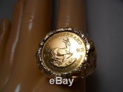 Heavy 14k Yellow Gold Nugget Fine Gold 1982 Krugerrand 1/10 Oz Gold Coin Ring