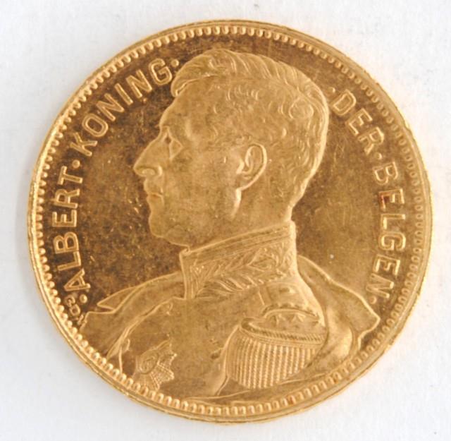 Kingdom Of Belgium 1914 20 Francs Bust Of Albert. 900 Fine Gold Coin Km# 79