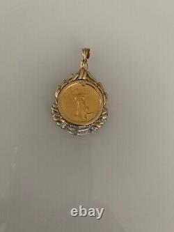 Lady Liberty $10 Coin 1/4 oz Fine Yellow Gold W Custom Diamond Round Pendant