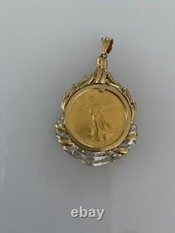 Lady Liberty $10 Coin 1/4 oz Fine Yellow Gold W Custom Diamond Round Pendant