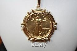 Lady Liberty $10 Coin pendant 1/4 oz fine gold in Bezel with Diamonds & Rope chain
