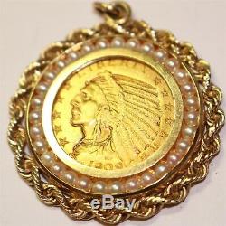 Lot#34 solid 14K mark gold pendant withpearls and 1909 gold Indian five $ coin