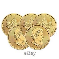 Lot of 5 Canadian 1 oz. Gold Maple Leaf. 9999 fine Random Year 1oz RCM $50 Coins