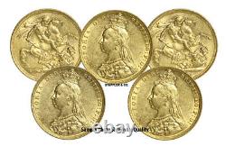 Lot of 5 Pre-1933 Gold Queen Sovereigns Extra Fine to About Uncirculated (XF-AU)