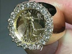 MENS 14KT GOLD RING 1.40 CT DIAMONDS 1/10th OZ 22KT FINE GOLD LIBERTY COIN