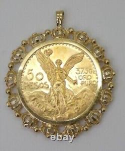 Mexican 50 Peso Gold Coin in Custom Year Charm Pendant 14K Yellow Gold Plated