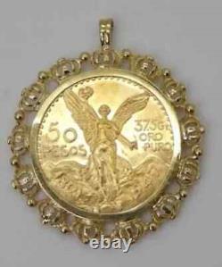 Mexican 50 Peso Gold Coin in Custom Year Charm Pendant14k Yellow Gold Plated WithC