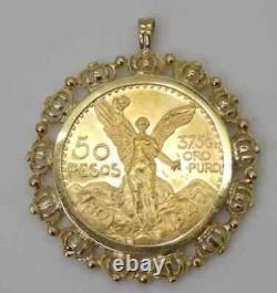 Mexican 50 Peso Gold Coin in Custom Year Charm Pendant14k Yellow Gold Plated WithC