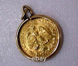 Mexico 1945 Dos Pesos, 2 Pesos. 900 Fine Gold Coin in 14k Bezel Pendant/Charm