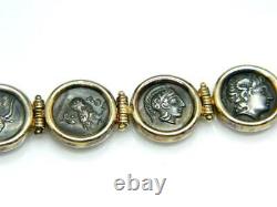 Mystery Designer Greek 14K Gold Signed Greek Coin Sterling Silver 925 Bracelet