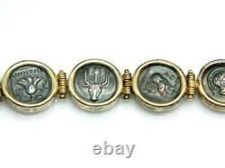 Mystery Designer Greek 14K Gold Signed Greek Coin Sterling Silver 925 Bracelet