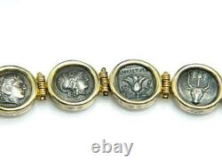 Mystery Designer Greek 14K Gold Signed Greek Coin Sterling Silver 925 Bracelet