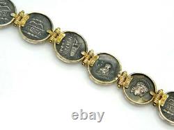 Mystery Designer Greek 14K Gold Signed Greek Coin Sterling Silver 925 Bracelet