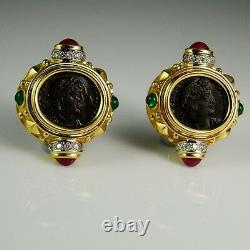 Natural Ruby Diamond Earrings Emerald Ancient Coin Jewelry Cabochon 18K Gold 80s