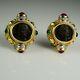 Natural Ruby Diamond Earrings Emerald Ancient Coin Jewelry Cabochon 18k Gold 80s