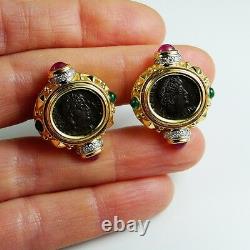 Natural Ruby Diamond Earrings Emerald Ancient Coin Jewelry Cabochon 18K Gold 80s