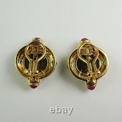 Natural Ruby Diamond Earrings Emerald Ancient Coin Jewelry Cabochon 18K Gold 80s