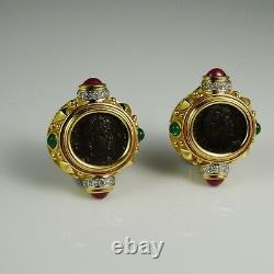 Natural Ruby Diamond Earrings Emerald Ancient Coin Jewelry Cabochon 18K Gold 80s