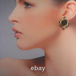 Natural Ruby Diamond Earrings Emerald Ancient Coin Jewelry Cabochon 18K Gold 80s