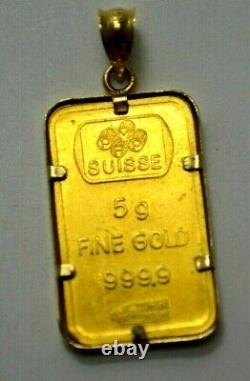 PAMP Suisse 5g Fine Gold Bar 9999 Gold Lady Fortuna in 14k Gold Bezel Pendant