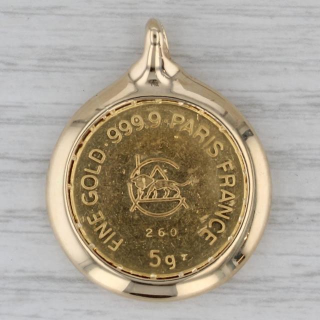 Paris France 24k Fine Gold Coin Pendant 14k Bezel 999 Yellow Gold 5 Grams