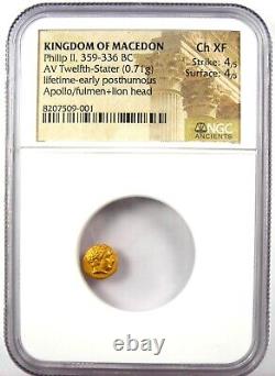 Philip II Gold AV 1/12 Stater Gold Greek Macedon Coin 359 BC. NGC Choice XF (EF)