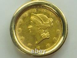 RARE 1853 Liberty Head $1 Gold Coin Pendant 14K Gold Bezel 3.2gm