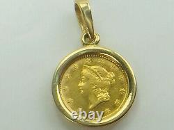 RARE 1853 Liberty Head $1 Gold Coin Pendant 14K Gold Bezel 3.2gm