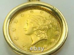 RARE 1853 Liberty Head $1 Gold Coin Pendant 14K Gold Bezel 3.2gm