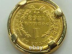 RARE 1853 Liberty Head $1 Gold Coin Pendant 14K Gold Bezel 3.2gm