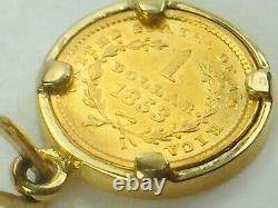 RARE 1853 Liberty Head $1 Gold Coin Pendant 14K Gold Bezel 3.2gm