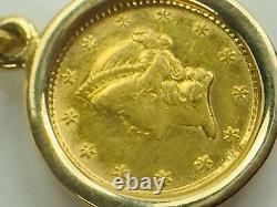 RARE 1853 Liberty Head $1 Gold Coin Pendant 14K Gold Bezel 3.2gm