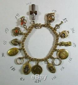 RARE Victorian Charm Bracelet with 23K, 18K, 14K, 10K Charms 36. G COIN LOVE TOKEN