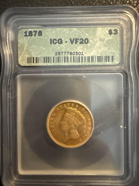 Rare 1878 $3 Gold Coin Vf20