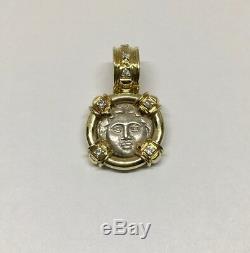 Rare 18k Yellow Gold and Diamond Ancient Coin Frame Pendant Charm Necklace