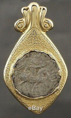 Rare Antique Greek Silver Coin, Solid 14K Gold Etruscan Scrolled Estate Pendant