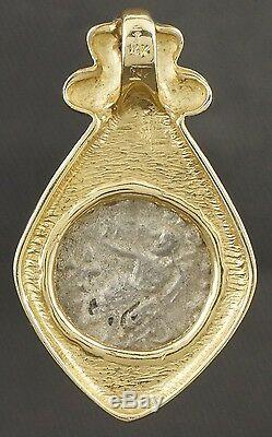 Rare Antique Greek Silver Coin, Solid 14K Gold Etruscan Scrolled Estate Pendant