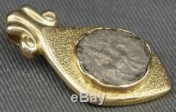 Rare Antique Greek Silver Coin, Solid 14K Gold Etruscan Scrolled Estate Pendant