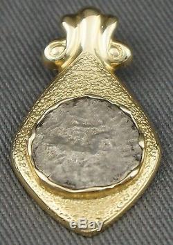 Rare Antique Greek Silver Coin, Solid 14K Gold Etruscan Scrolled Estate Pendant