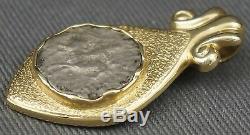 Rare Antique Greek Silver Coin, Solid 14K Gold Etruscan Scrolled Estate Pendant