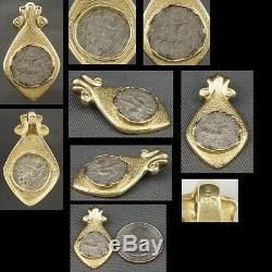 Rare Antique Greek Silver Coin, Solid 14K Gold Etruscan Scrolled Estate Pendant