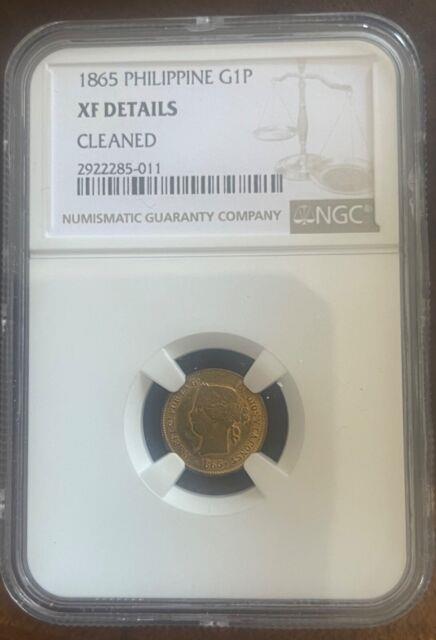 Rare Original 1865 Philippine Filipinas Gold 1 Peso Coin Ngc Xf Details Cleaned