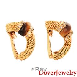 Roberto Coin Italian Diamond Tiger Eye 18K Gold Clip Earrings 18.1 Grams NR